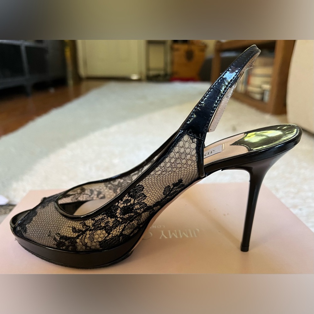 Jimmy Choo Nova 100mm Black Floral Lace Mesh Slingback Peep Toe Sandal Heels 38 - Picture 8 of 12